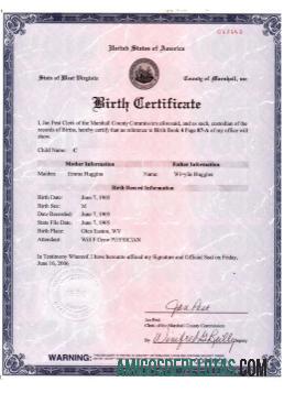 Certidão de nascimento dos EUA, Virgínia Ocidental, versão 2 exemplo