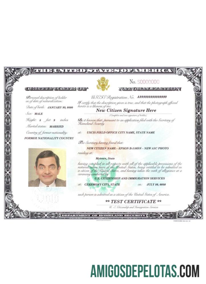 Certificado de Naturalização dos EUA exemplo