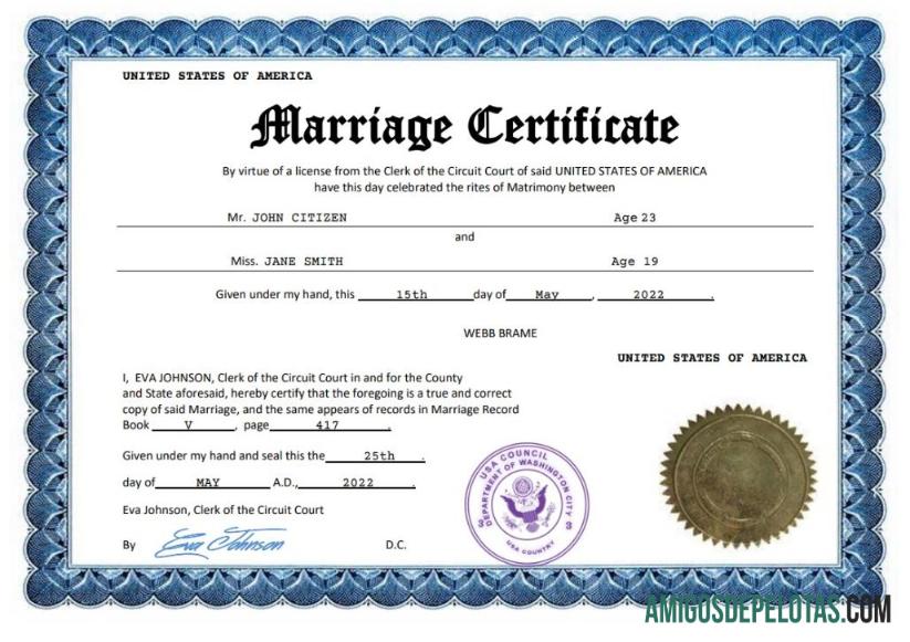 Imprimível modelo Word e PDF de certidão de casamento nos EUA