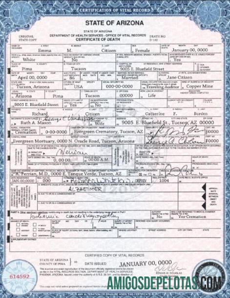 Imprimível modelo de certidão de óbito do estado dos EUA, Arizona em formato PSD