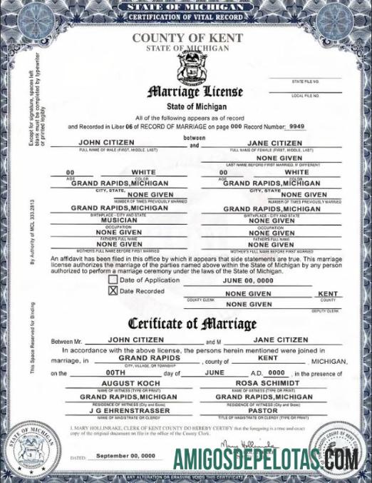 para download Modelo de certidão de casamento do estado dos EUA, Michigan, condado de Kent em formato PSD, totalmente editável, versão 2