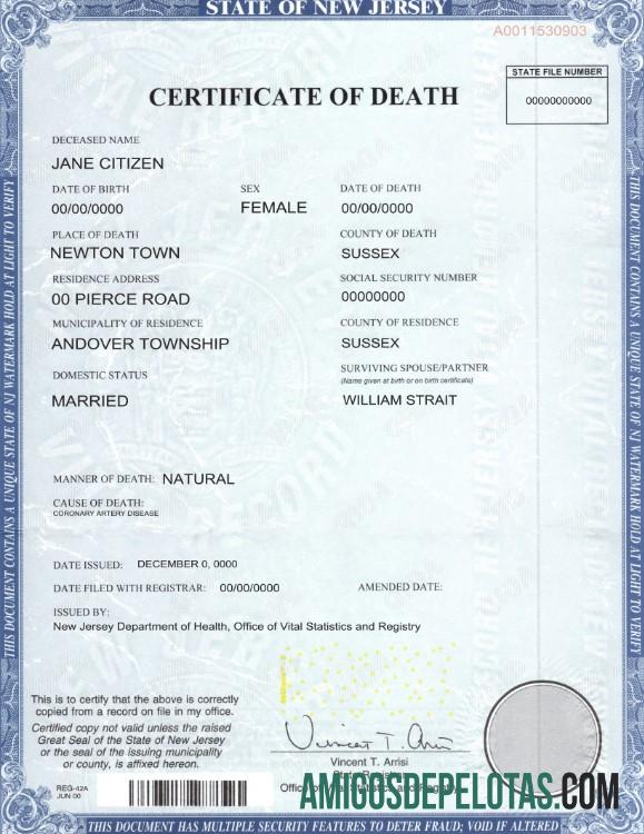 Em branco modelo de certidão de óbito do estado dos EUA em Nova Jersey em formato PSD