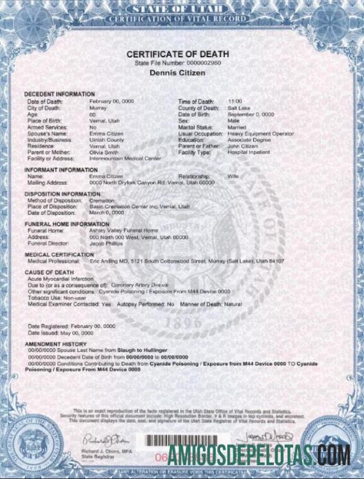 para download Modelo de certidão de óbito do estado dos EUA em Utah em formato PSD