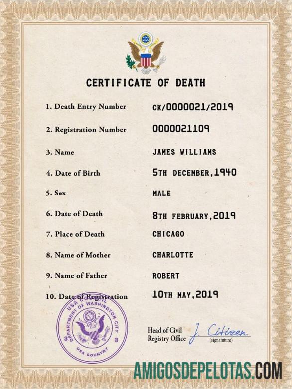 para download Modelo PSD de certidão de óbito de registro vital dos EUA
