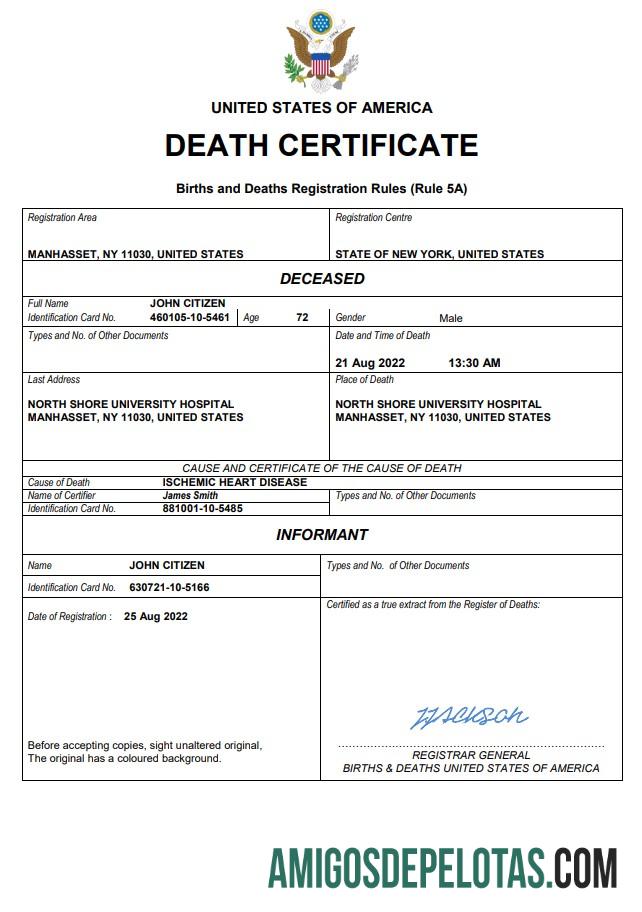 para download Modelo Word e PDF de certidão de óbito de registro vital dos EUA
