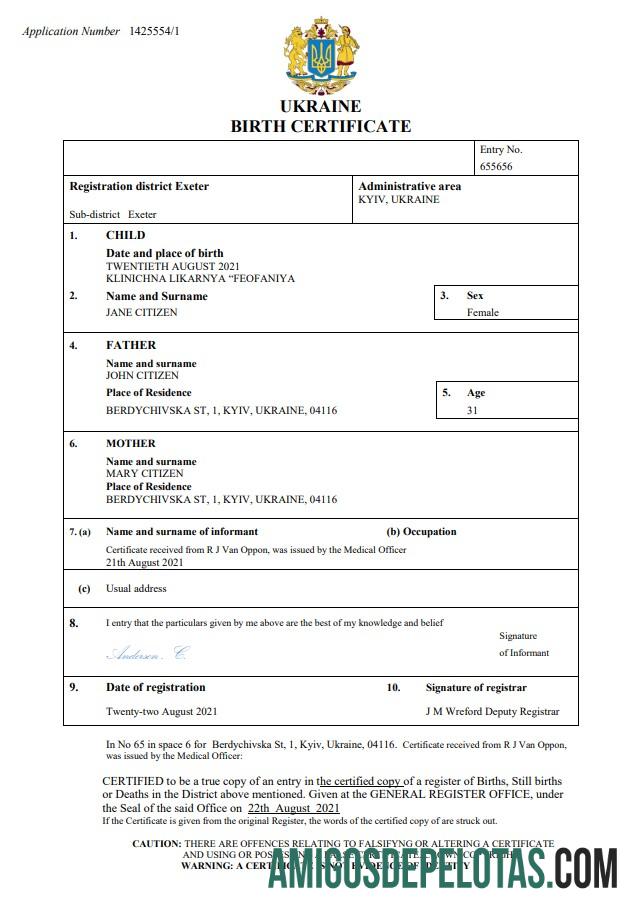 Imprimível modelo Word e PDF de certidão de nascimento da Ucrânia