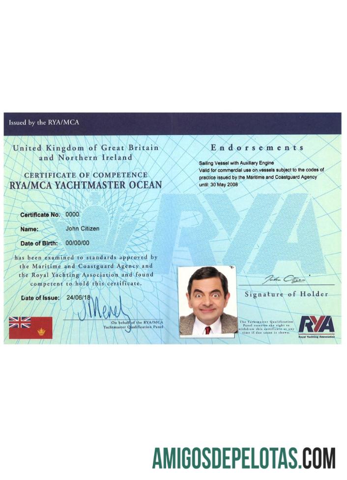 Certificados de competência RYA Yachtmaster do Reino Unido amostra