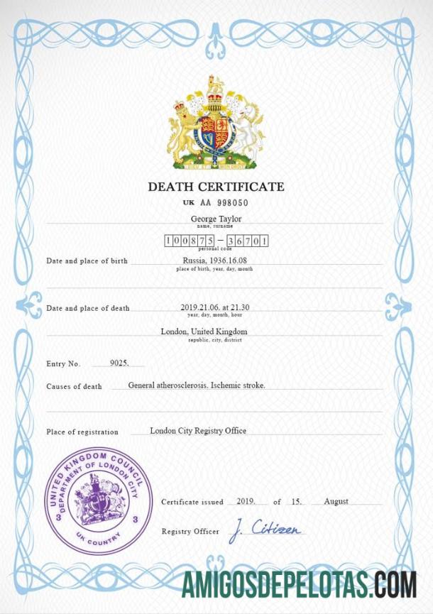 para download Modelo PSD de certidão de óbito do Reino Unido, totalmente editável