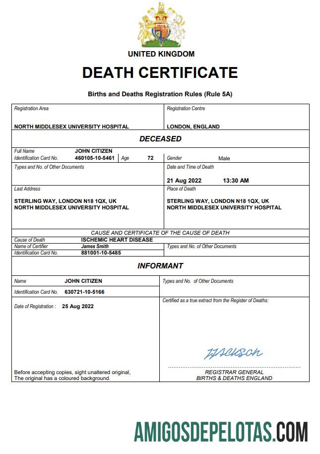 Imprimível modelo Word e PDF de certidão de óbito de registro vital do Reino Unido