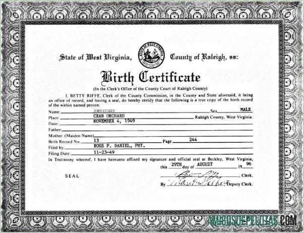 Certidão de nascimento do cartório da Virgínia Ocidental dos Estados Unidos amostra