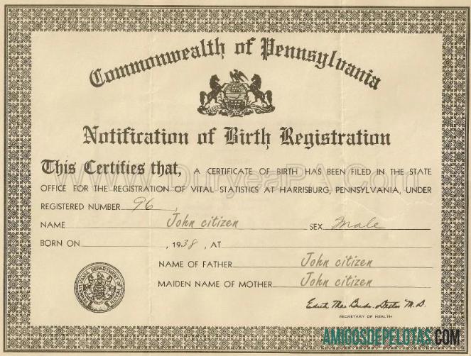 Certidão de Registro de Nascimento da Comunidade da Pensilvânia dos Estados Unidos amostra