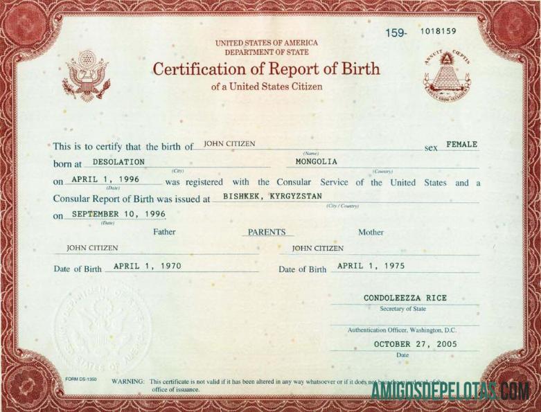 Certidão de Nascimento do Departamento de Estado dos Estados Unidos modelo