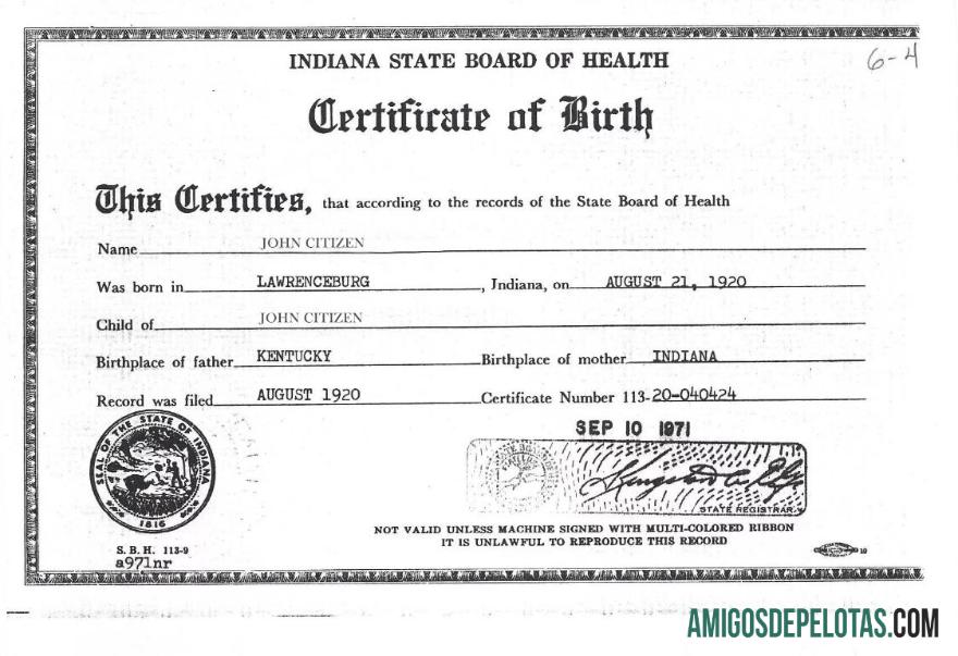 Certidão de Nascimento do Conselho Estadual de Saúde de Indiana dos Estados Unidos amostra