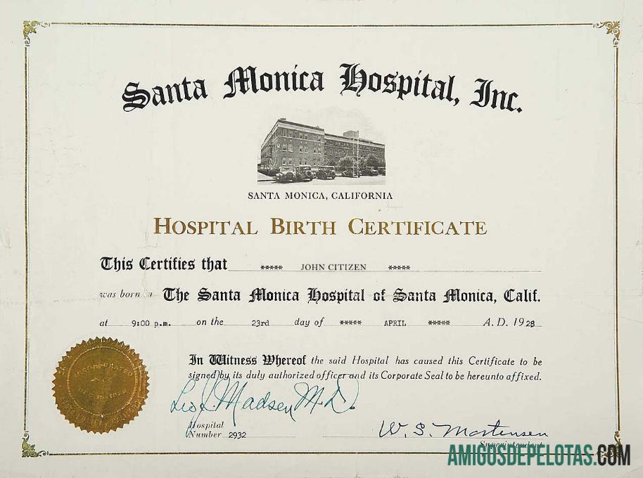 Certidão de nascimento do Hospital Santa Monica dos Estados Unidos modelo