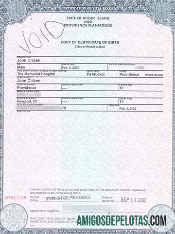 Certidão de nascimento do Escritório do Estado dos Estados Unidos em Rhode Island exemplo real