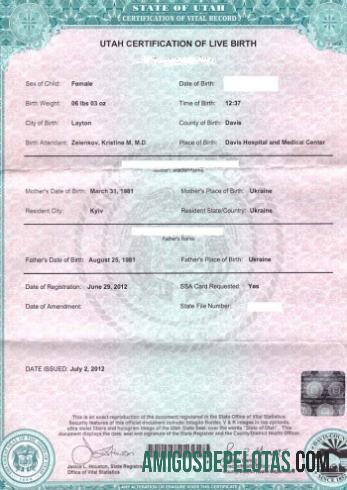 Certificação de nascimento de estatísticas vitais do Escritório do Estado dos Estados Unidos de Utah baixar para verificação