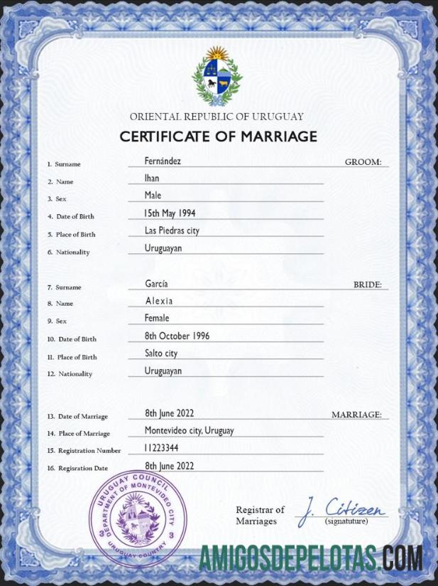 para download Modelo PSD de certidão de casamento do Uruguai