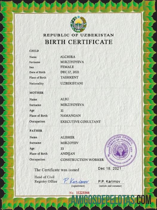 para download Modelo PSD de certidão de nascimento do Uzbequistão