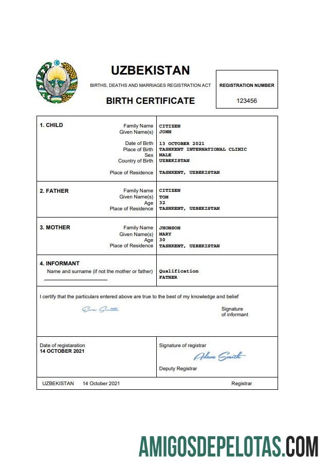 Em branco modelo Word e PDF de certidão de nascimento de registro vital do Uzbequistão