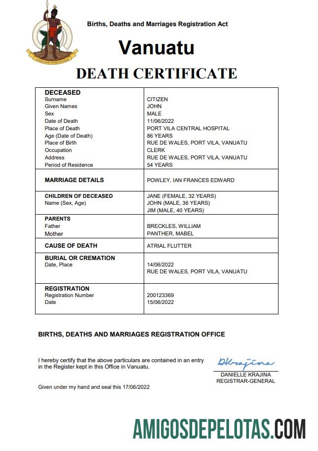 Imprimível modelo Word e PDF de certidão de óbito de Vanuatu