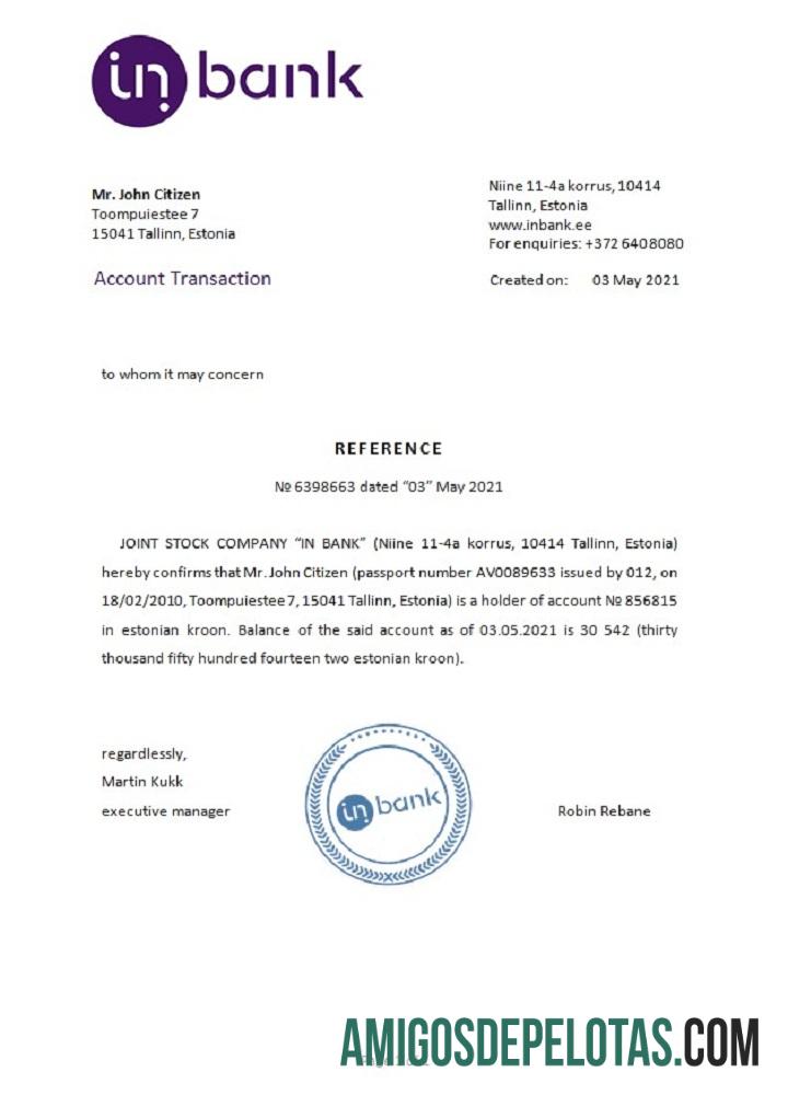 Referência Inbank da Estônia baixar para verificação
