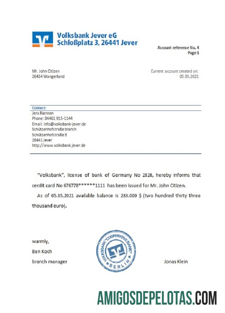 Referência do Volksbank da Alemanha exemplo real