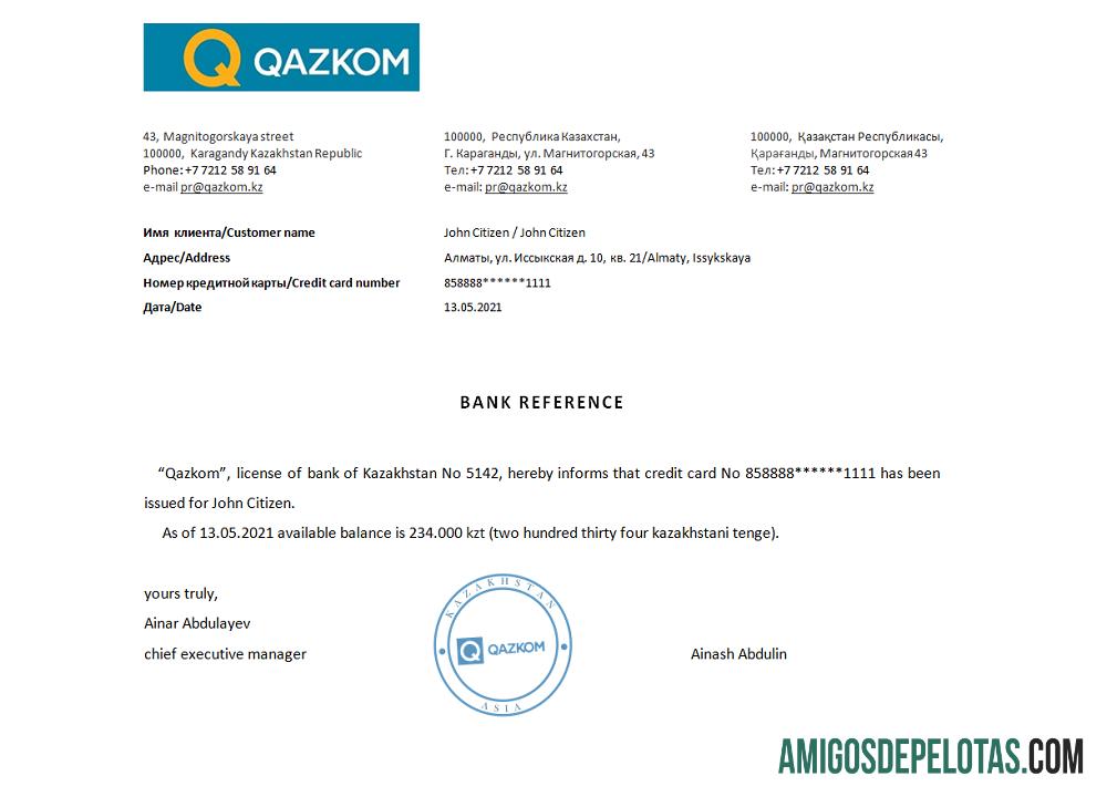Referência Qazkom do Cazaquistão exemplo