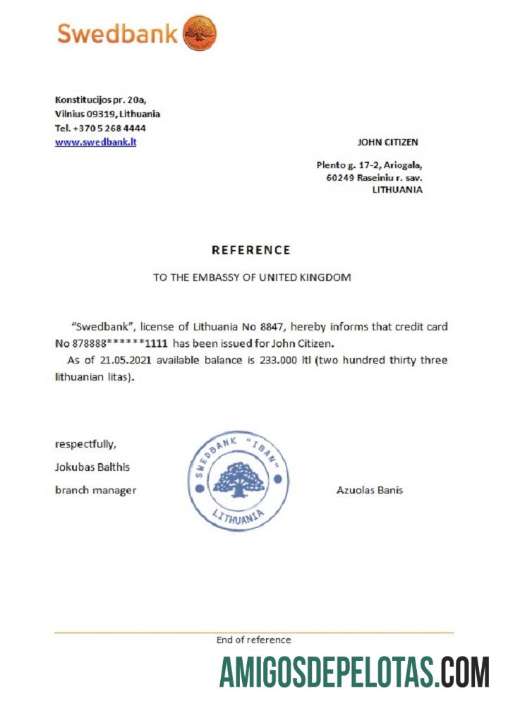 Referência do Swedbank da Lituânia exemplo