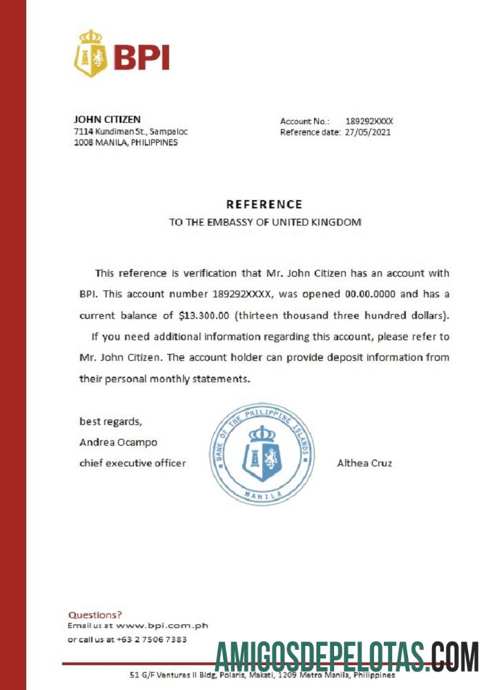 Referência BPI Filipinas exemplo