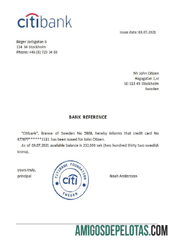 Referência do Citibank da Suécia exemplo