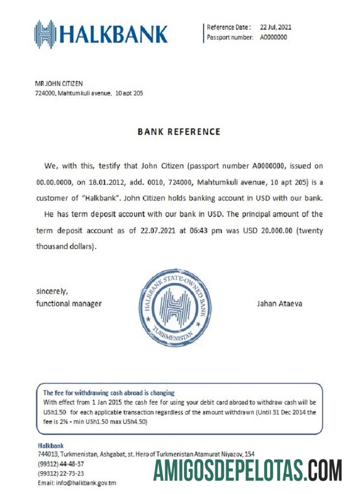 Referência do Halkbank do Turcomenistão exemplo real